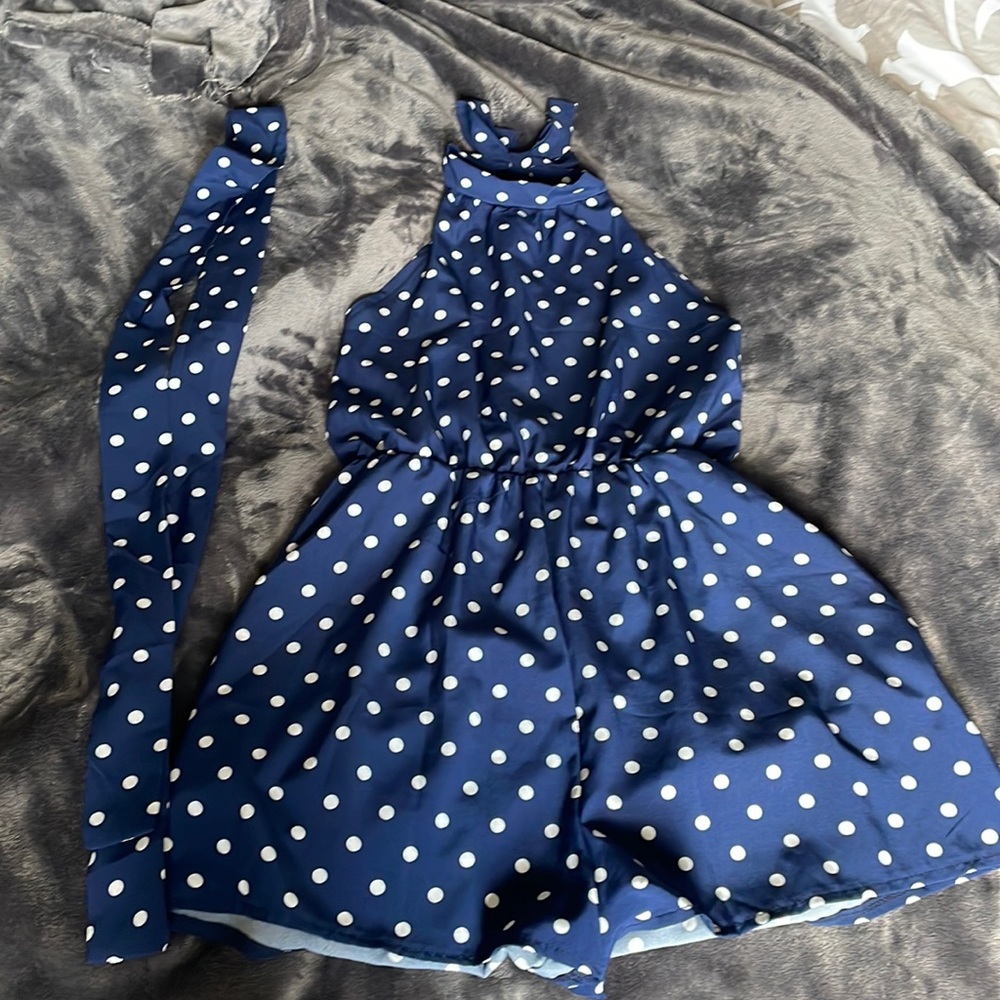 Navy Blue Halter Romper with Polka Dots Size Small - Picture 4 of 6